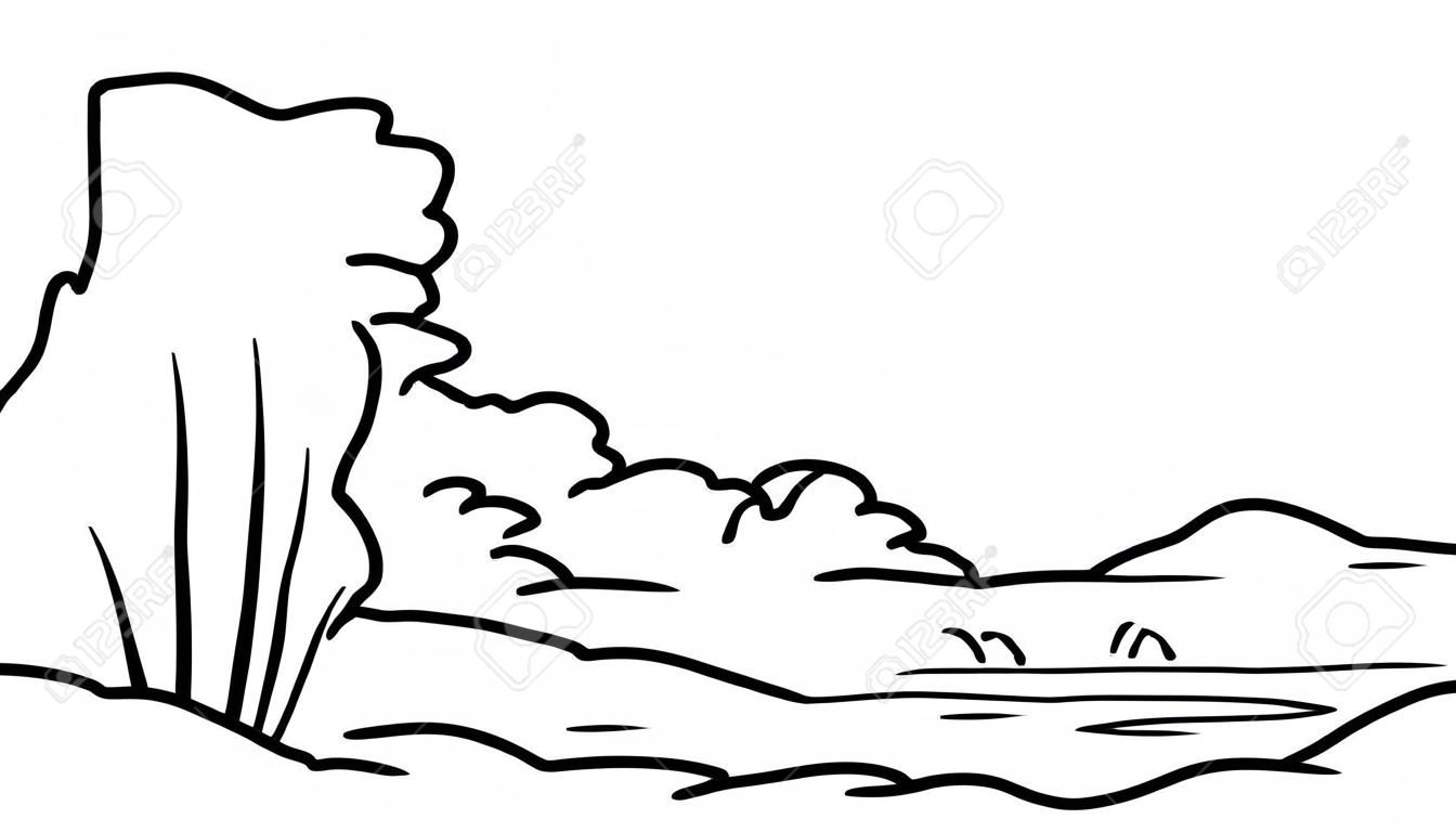 Outline landscape. There are waterfall and vegetation. Vector illustration