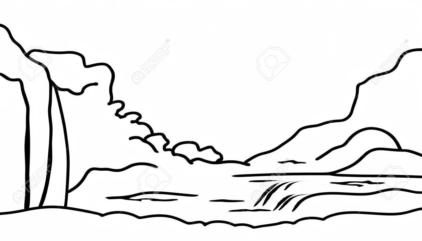 Outline landscape. There are waterfall and vegetation. Vector illustration