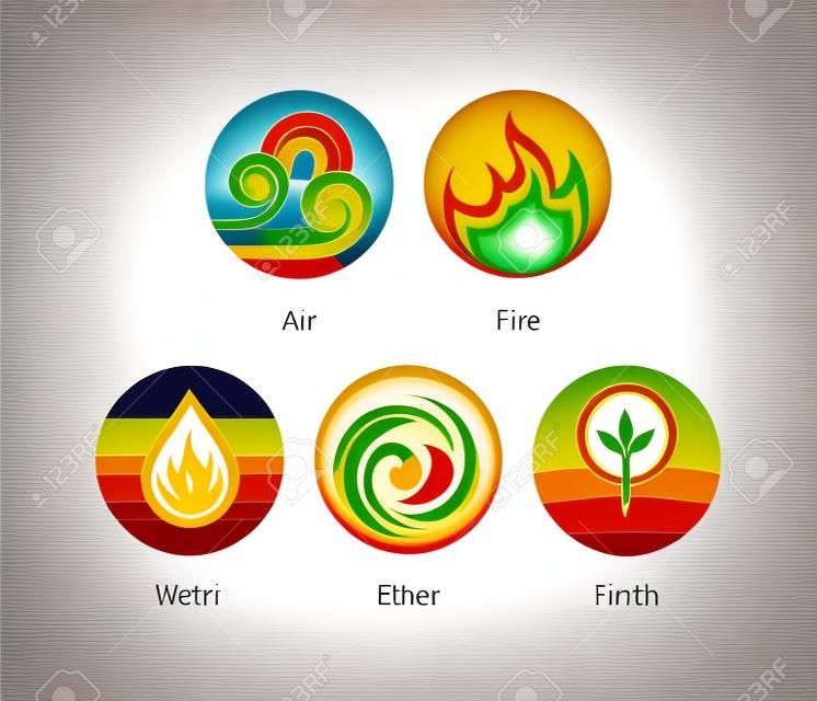 아 유 르 요소 화이트 절연 물, 화재, 공기, 지구 및 에테르 아이콘. 평면 다채로운 벡터 아 유 르의 아이콘입니다. 아유르베 인도 어 및 대체 의학 포스터의 요소 기호.