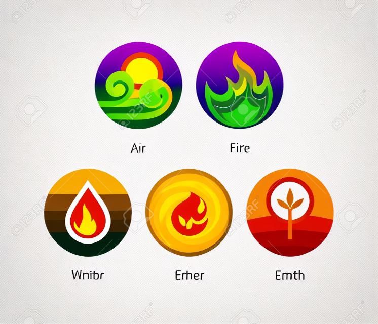 Ayurvedic elements water, fire, air, earth and ether icons isolated on white. Flat colorful vector ayurvedic icons. Elements symbols for ayurvedic infographic and alternative medicine poster.