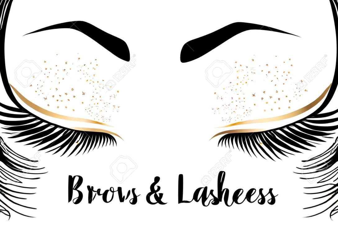 Brows and lashes lettering. Vector illustration of lashes and brows. For beauty salon, lash extensions maker, brow master.