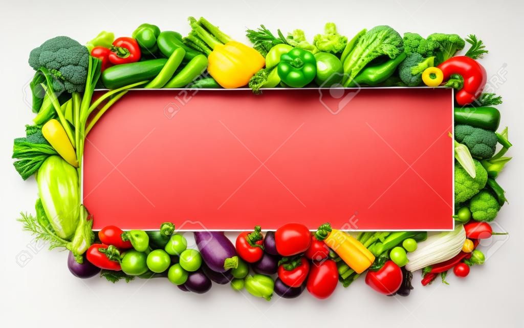 Verschillende kleurrijke groenten gerangschikt als een frame op witte achtergrond.