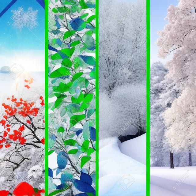 Vier Jahreszeiten Collage. Satz von schönen Landschaften im Winter, Frühling, Sommer und Herbst.