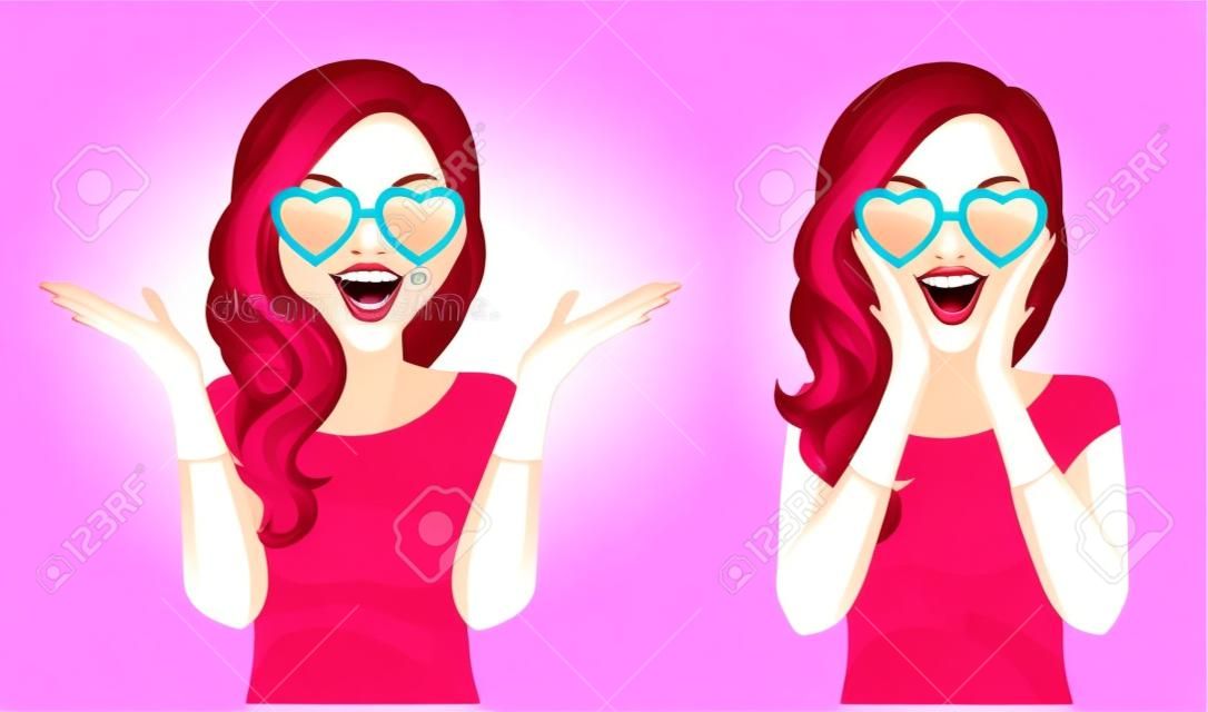 Surprised beautiful girl in hearts glasses vector illustration isolated