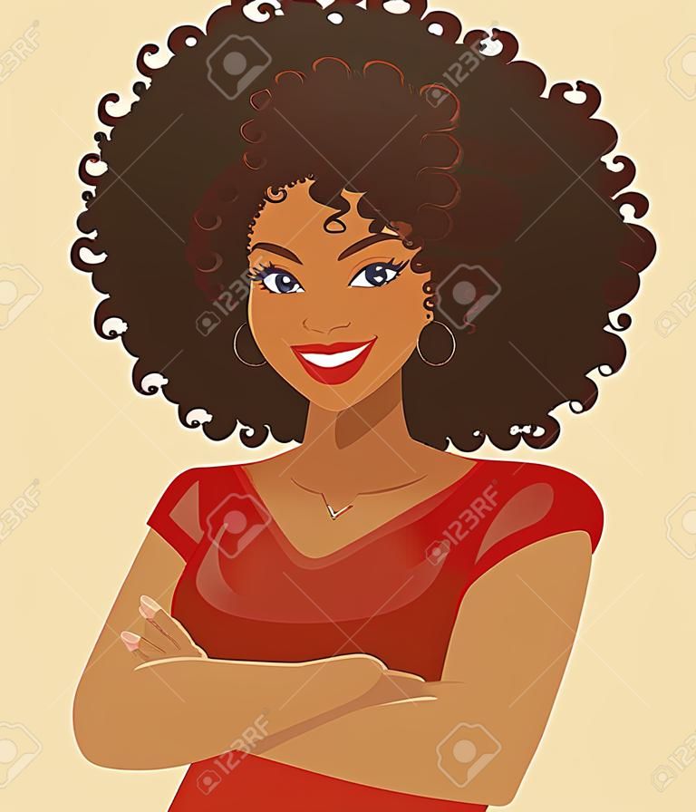 Portrait de femme souriante avec les bras croisés et coiffure afro isolé illustration vectorielle
