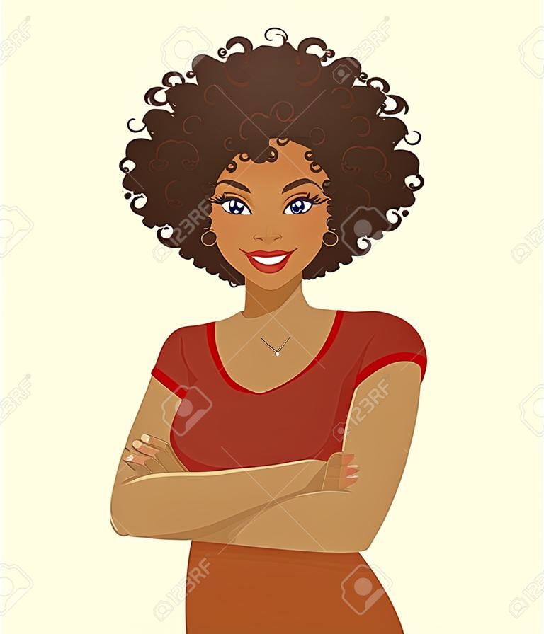 retrato, de, mulher sorridente, com, braços cruzados, e, afro, penteado, isolado, ilustração vetorial