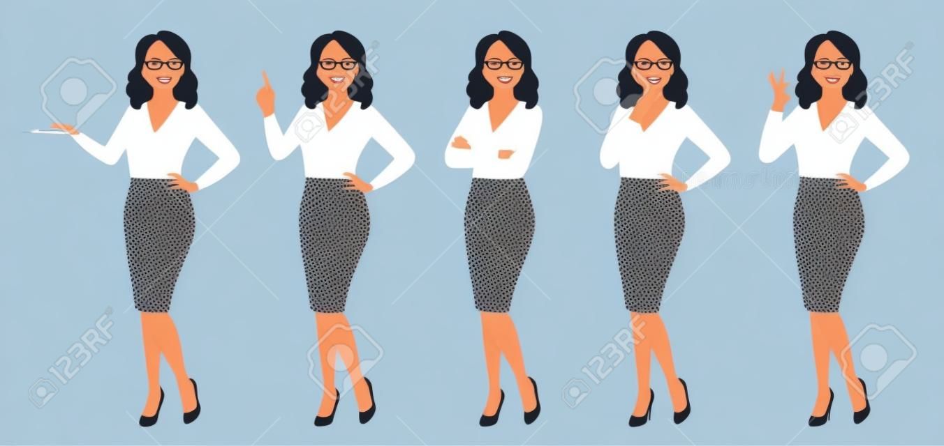 Elegante Geschäftsfrau in verschiedenen Posen isolierte Vektorillustration