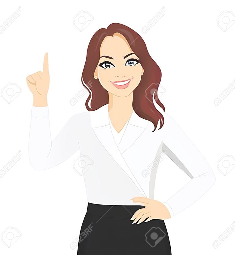 Smiling woman pointing up isolated vector illustration