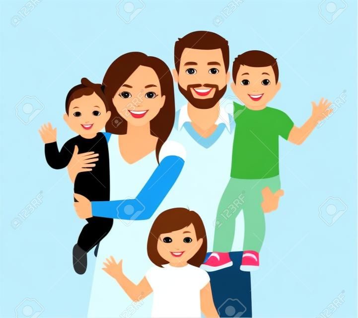 Padres con bebé recién nacido, niño pequeño y niña ilustración vectorial aislada. Retrato de familia feliz. Madre, padre, hija, hijo.