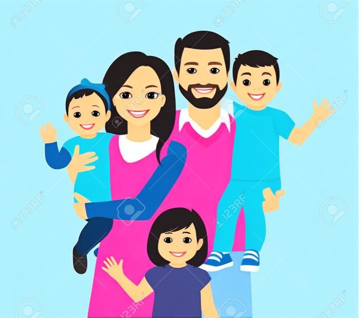 Ouders met pasgeboren baby, peuter jongen en meisje vector illustratie geïsoleerd. Gelukkig familie portret. Moeder, vader, dochter, zoon.