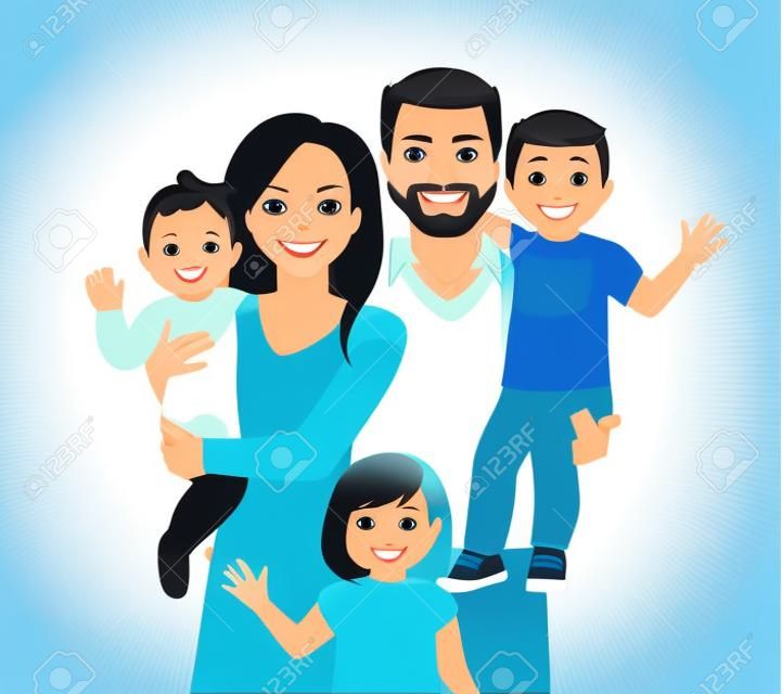 Ouders met pasgeboren baby, peuter jongen en meisje vector illustratie geïsoleerd. Gelukkig familie portret. Moeder, vader, dochter, zoon.