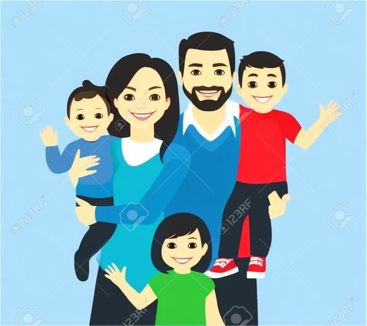 Padres con bebé recién nacido, niño pequeño y niña ilustración vectorial aislada. Retrato de familia feliz. Madre, padre, hija, hijo.