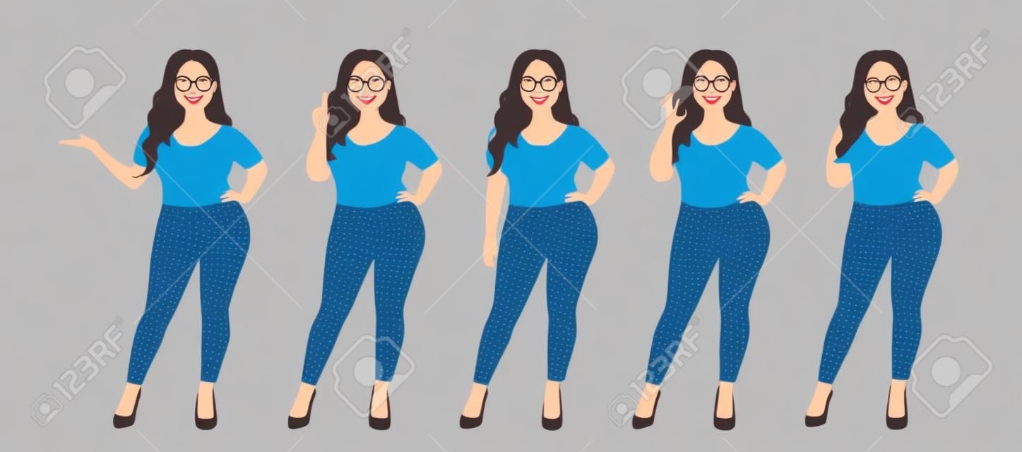 Young happy beautiful plus size woman wearing jeans in different poses isolated vector illustration