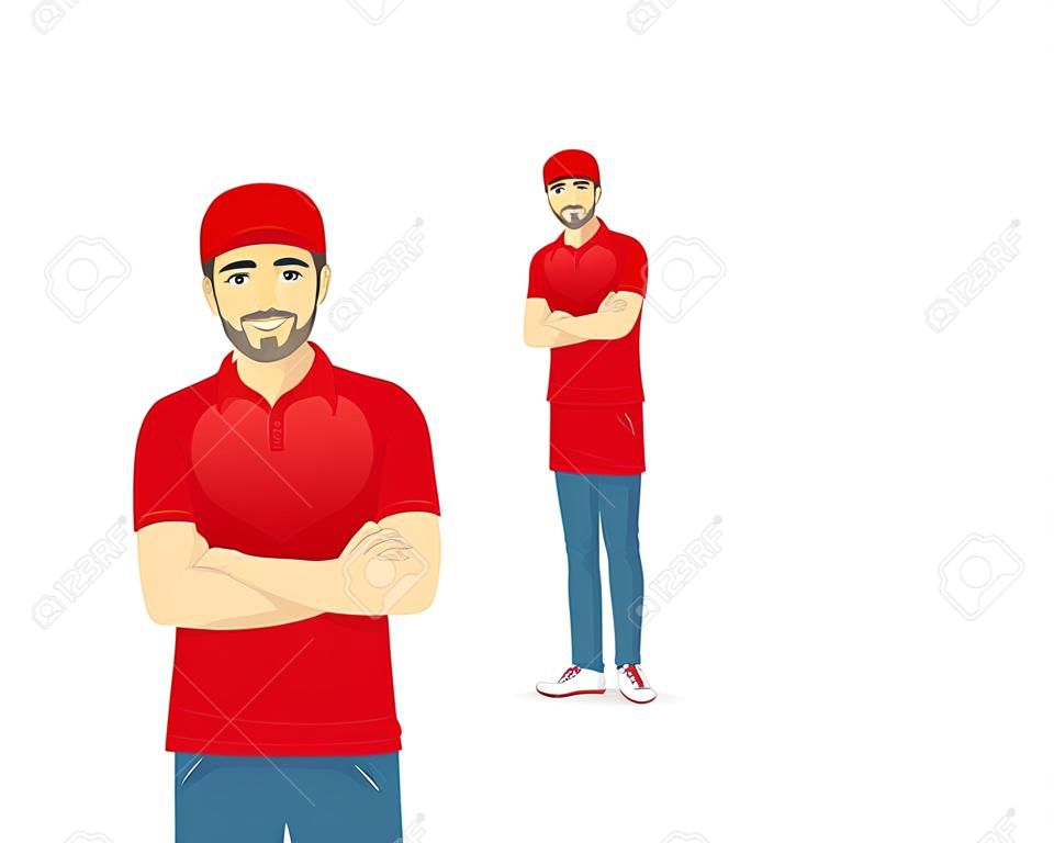 Schöner Liefermann in roter Uniform, der mit verschränkten Armen steht, isolierte Vektorillustration