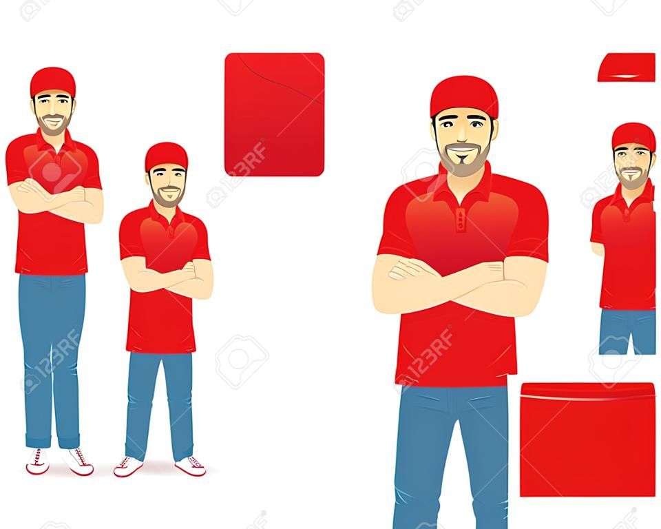 Schöner Liefermann in roter Uniform, der mit verschränkten Armen steht, isolierte Vektorillustration
