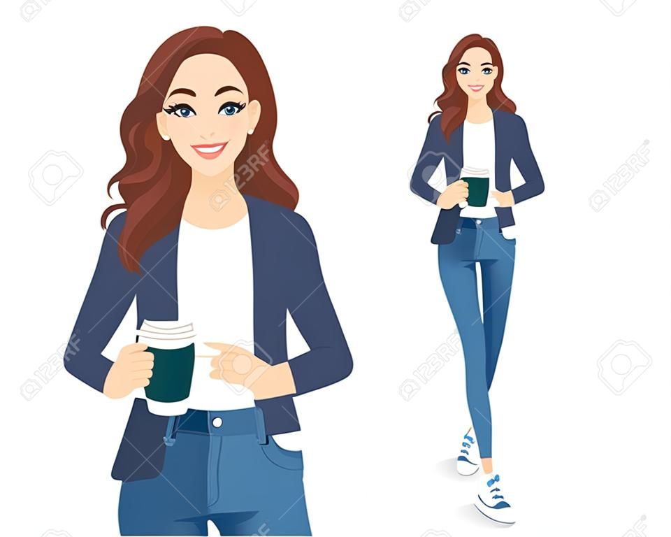 Casual jonge zakenvrouw met koffiebeker in jeans geïsoleerde vector illustratie