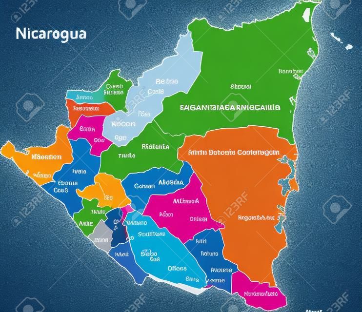 Mapa de la República de Nicaragua con los departamentos de color en colores brillantes y las principales ciudades