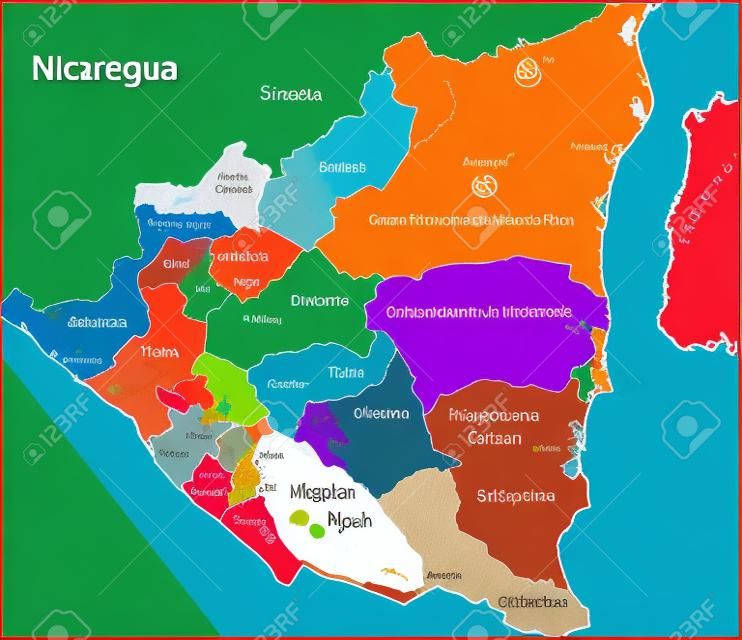Mapa de la República de Nicaragua con los departamentos de color en colores brillantes y las principales ciudades