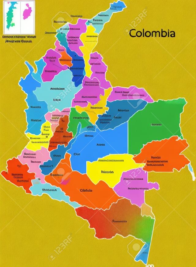 Map of the Republic of Colombia with the regions colored in bright colors and the main cities