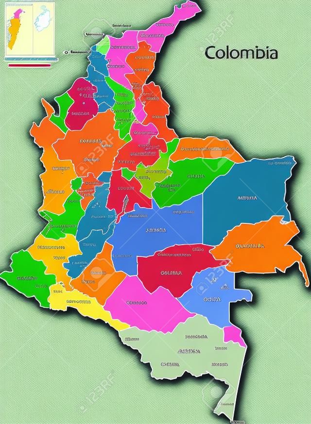 Map of the Republic of Colombia with the regions colored in bright colors and the main cities