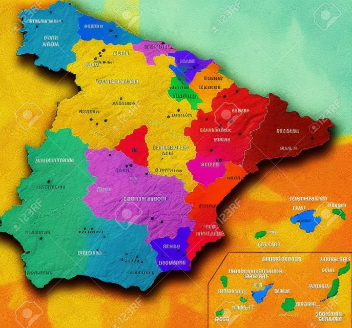 Kleurrijke Spaanse kaart met regio's en belangrijkste steden