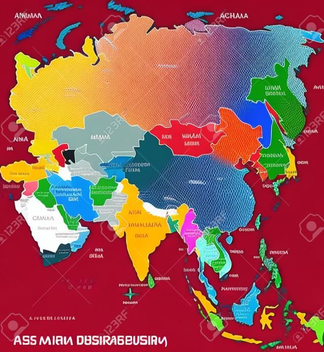 Colorful Asia map with countries and capital cities