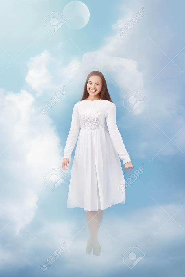 retrato, de, despreocupado, mulher jovem, em, vestido branco