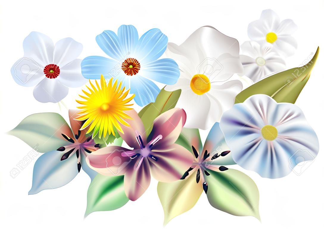 Piękny bukiet kwiatów. Wektor letnich kwiatów samodzielnie na białym tle. Kwiat do projektowania kwiatów. Rumianek, tulipan, fiołki
