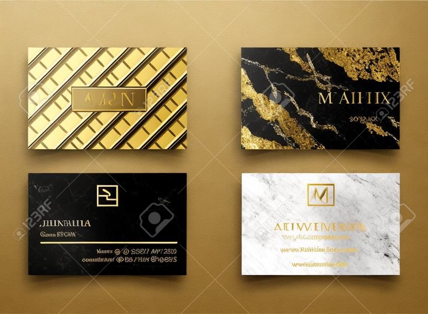 Elegant black luxury business cards with marble texture and gold detail vector template, banner or invitation with golden foil details. Branding and identity graphic design