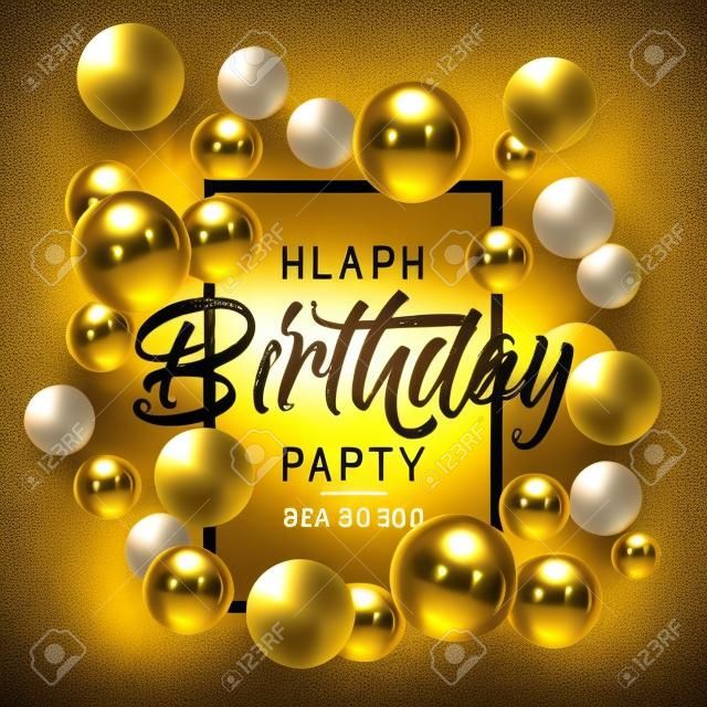 Happy Birthday card, party flyer or banner design with black and gold balloons.