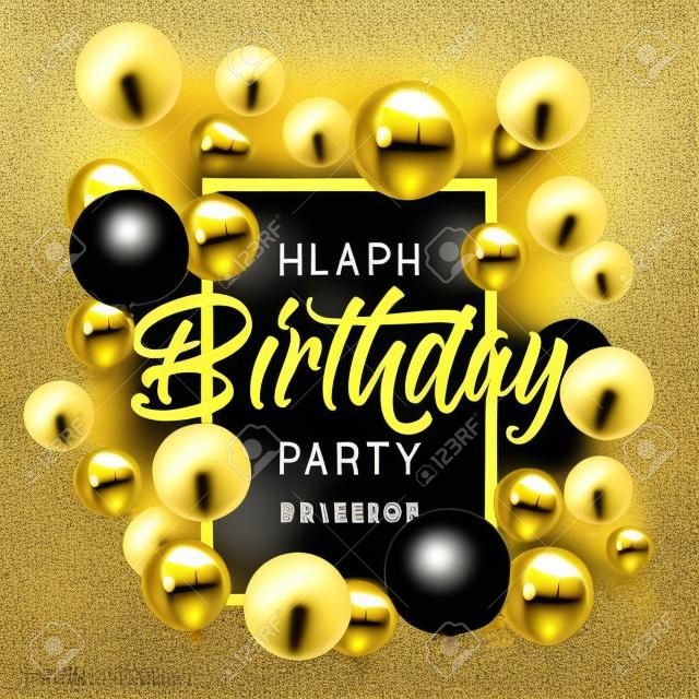 Happy Birthday card, party flyer or banner design with black and gold balloons.