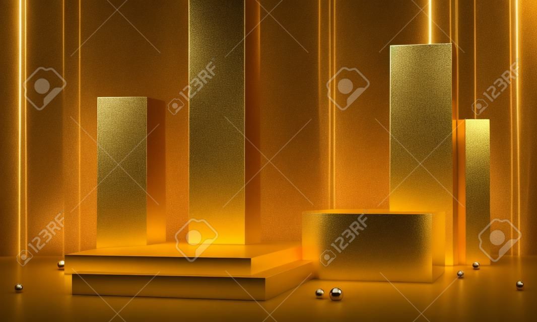 3D rendering round podium geometry with gold elements. Abstract geometric shape blank podium. Scene for product presentation. Empty showcase, pedestal platform display.