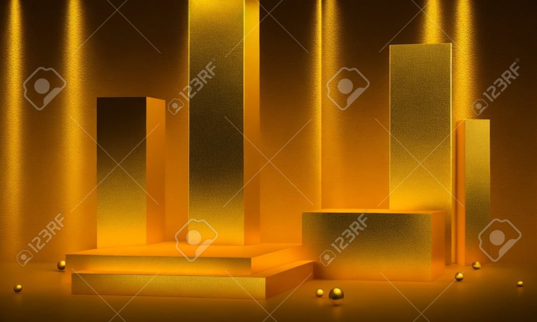 3D rendering round podium geometry with gold elements. Abstract geometric shape blank podium. Scene for product presentation. Empty showcase, pedestal platform display.