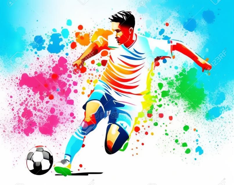 Streszczenie piłkarz biegnący z piłką z plusku akwareli. ilustracja wektorowa farb.