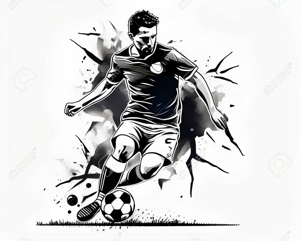 Soccer Player Kicking Ball Vector Illustration. Football Player Sketch Style Design.