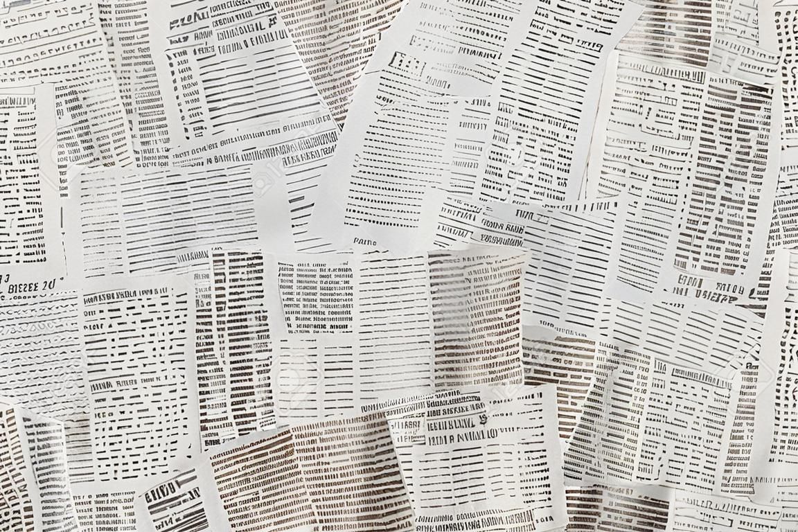 Black and white repeating torn newspaper background. Continuous pattern left, right, up and down.