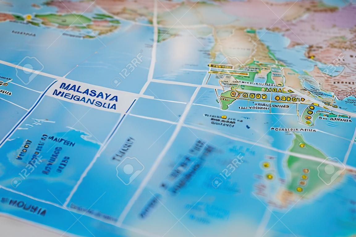 Malaysia in close up on the map. Focus on the name of country. Vignetting effect.