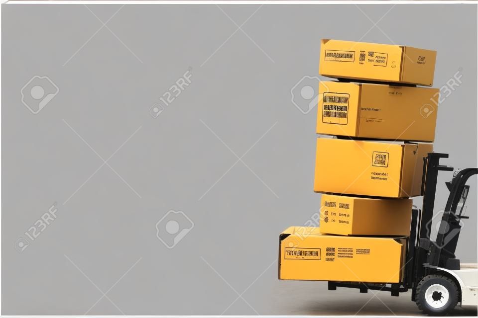 Mini forklift truck load cardboard boxes. Logistics and transportation management ideas and Industry business commercial concept
