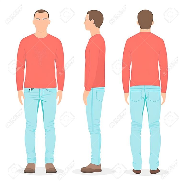 front and back view of young man standing isolated on white background