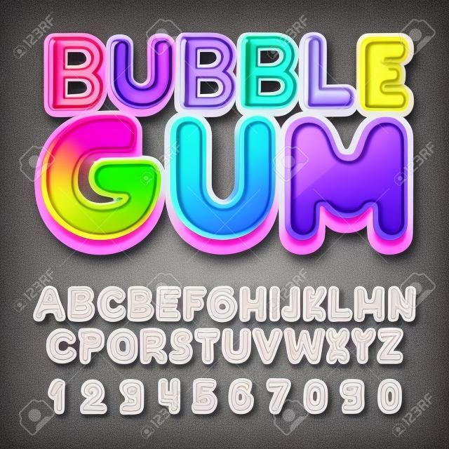Fuente Bubble Gum, alfabeto, letras y números. estilo plano