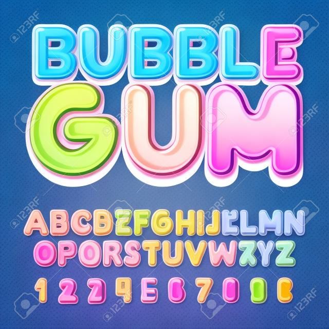 Bubble Gum font, alphabet, letters and numbers. flat style