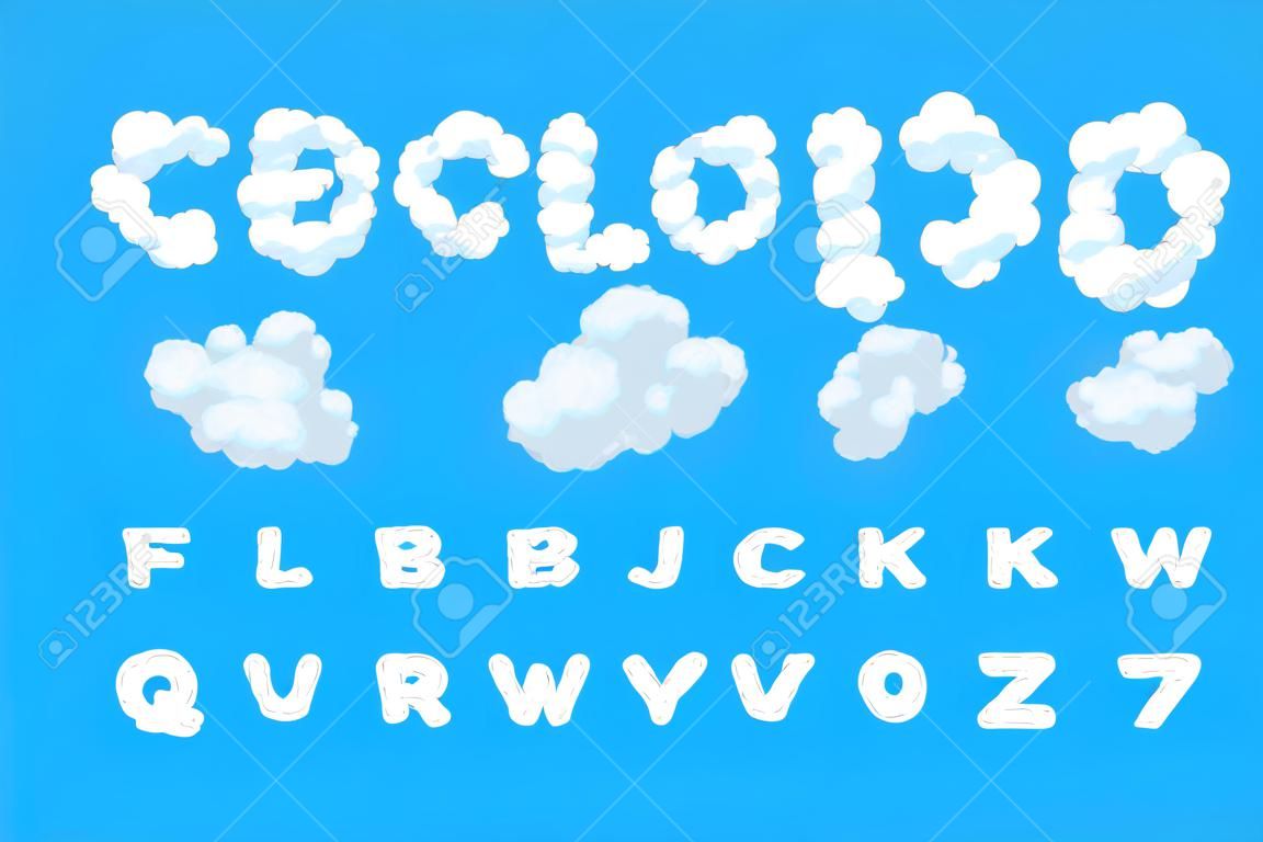 Police de nuage, alphabet, lettres et chiffres. ABC des nuages blancs dans le ciel bleu. style plat