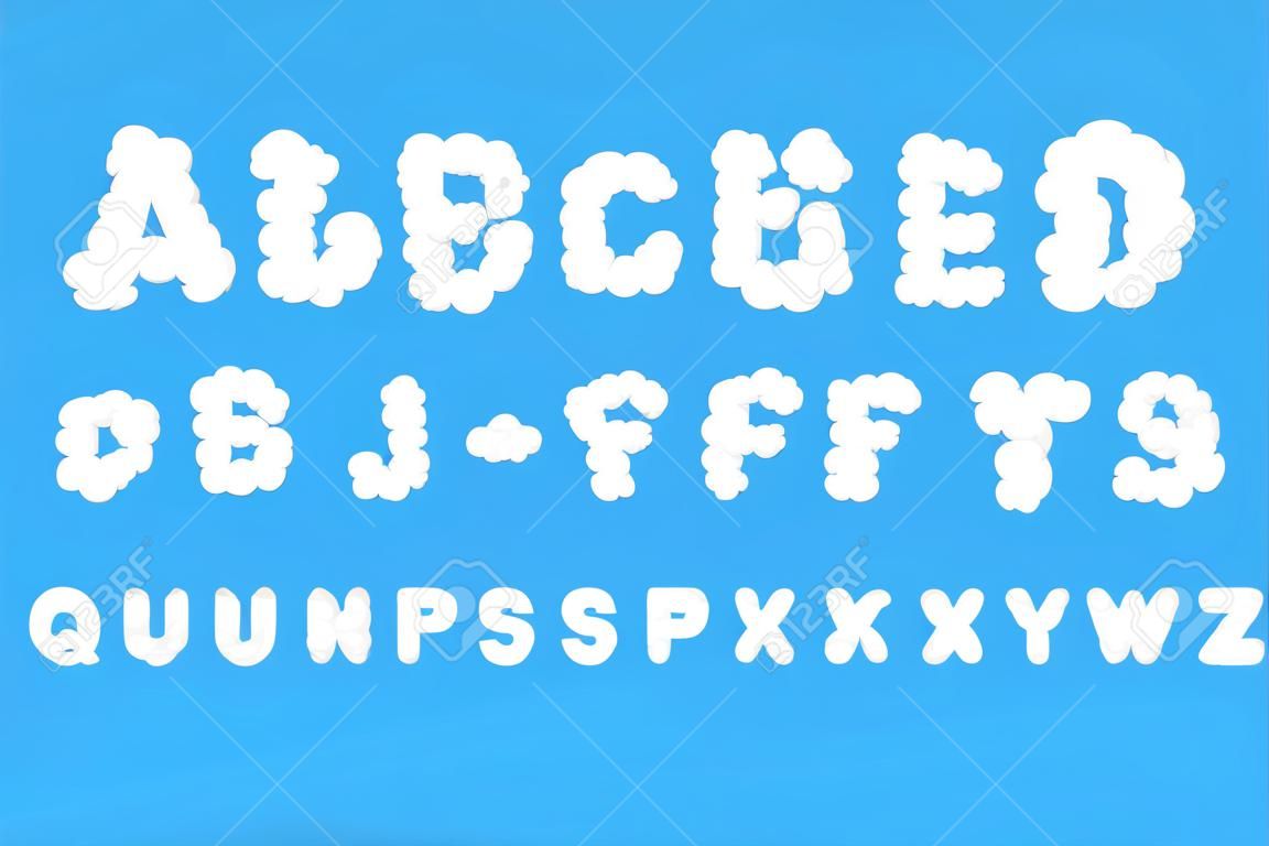 Cloud font, alphabet, letters and numbers. ABCs of white clouds in blue sky. flat style
