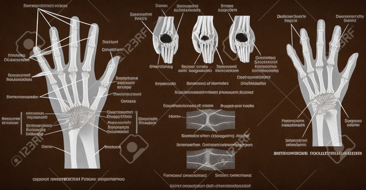 骨骼系统的人的手的手指骨的骨退行性骨关节病骨的人的手和腕关节类风湿性关节炎的手指解剖骨架