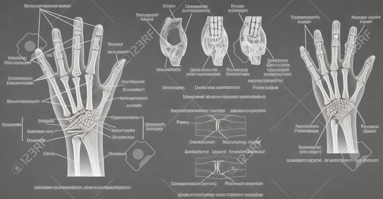 Falanges do sistema esquelético. Anatomia dos ossos da mão humana. Esqueleto da mão. Doença articular degenerativa. Ossos da mão e do pulso humanos. Dedos de artrite reumatoide.