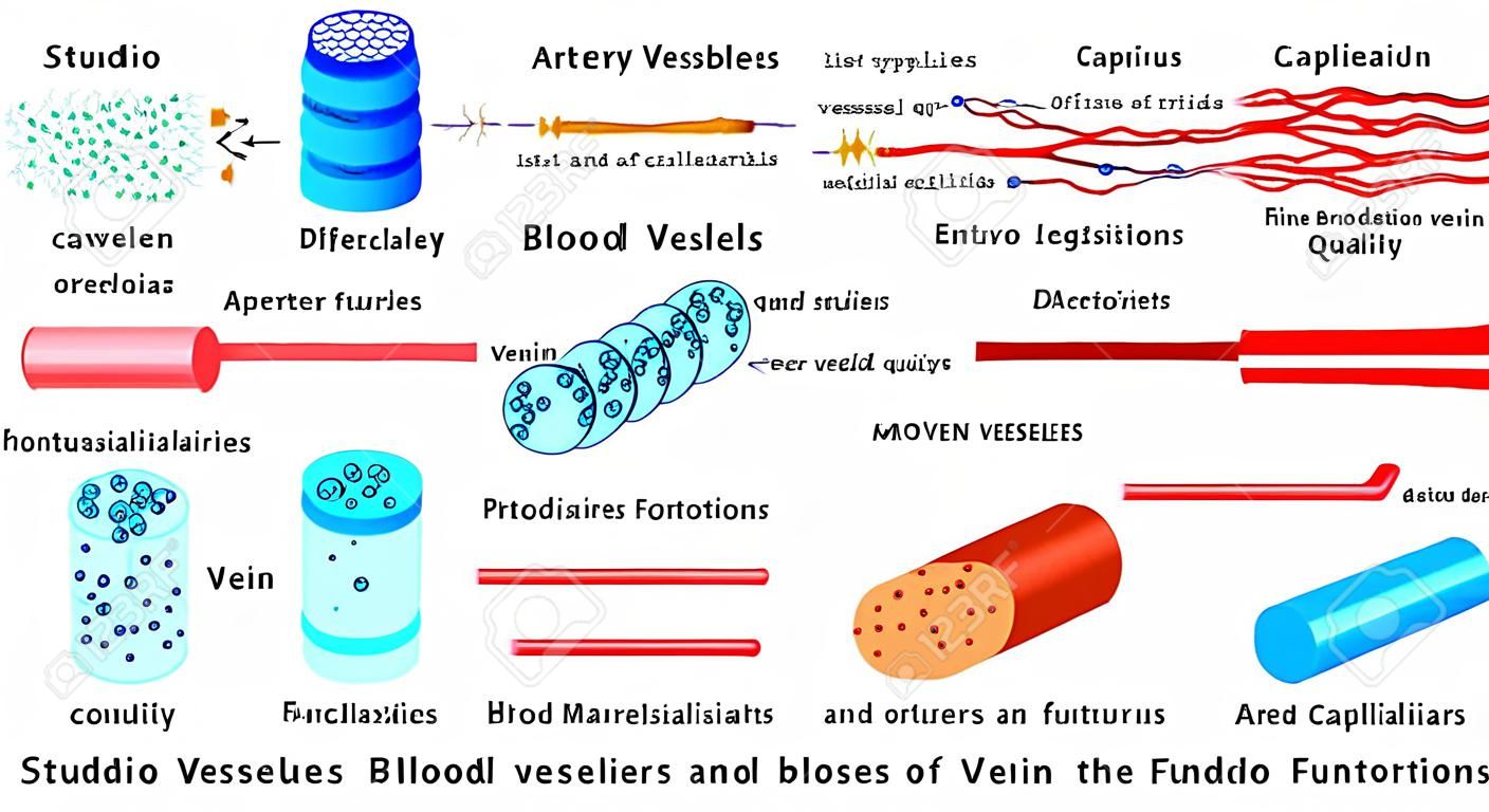 Arteries and veins. Structure of blood vessels. Blood vessel types and functions. Anatomy of blood vessels from capillaries to vein. Scheme of the walls of the artery and vein.
