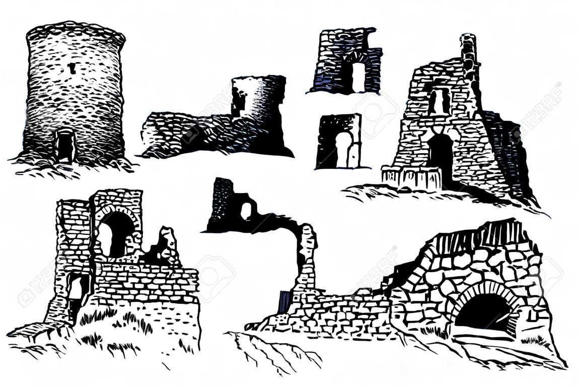 Conjunto gráfico de ruínas da Crimeia isoladas no fundo branco