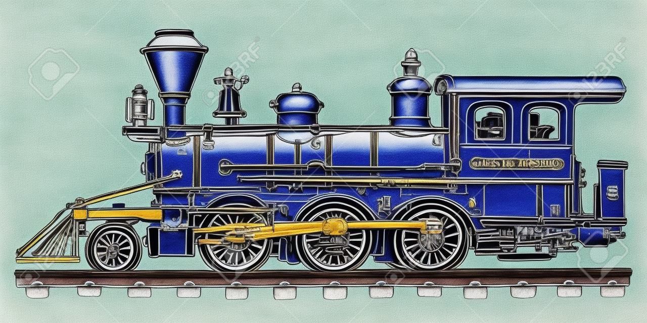 Strony rysunku klasycznego niebieskiego amerykańskiej lokomotywy parowej
