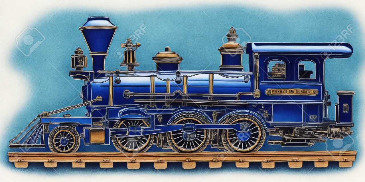 Strony rysunku klasycznego niebieskiego amerykańskiej lokomotywy parowej