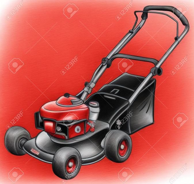 Hand drawing of a red garden lawn mower